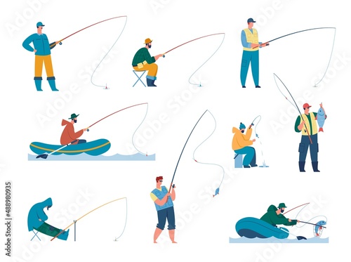 Fishermen catching fish with fishing rod, fisher characters. Fisherman fishing on boat, outdoor summer recreation activity vector set. Illustration of catch fishing, fisherman with rod photo
