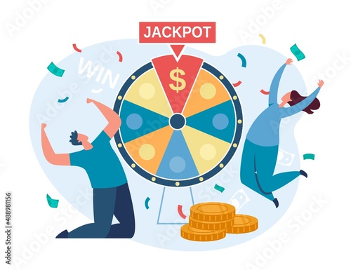 Lucky people spinning fortune wheel and winning jackpot. Characters win cash prizes, lottery winners, online gambling vector illustration. Winner luck and fortune gambling, gamble jackpot