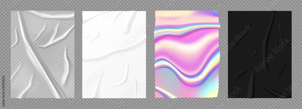 © Frogella.stock - Realistic wrinkled paper, holographic poster, transparent plastic wrap. Blank white and black posters, crumpled polyethylene film vector set. Illustration of paper wrinkled background