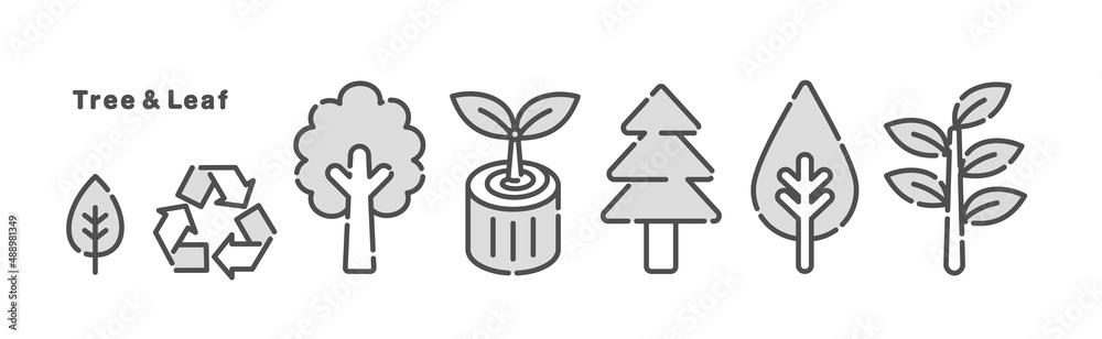 A simple illustration of a tree and leaves. Icon set.