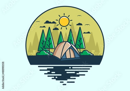 Fun camping with dome tent flat illustration