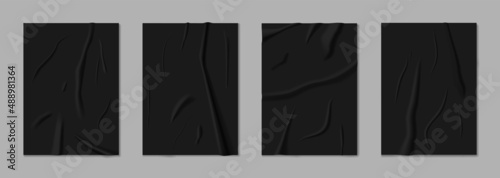 Realistic black wrinkled poster mockup, blank glued paper. Crumpled posters template, empty street billboard with creased effect vector set. Illustration of blank realistic, black glue a4
