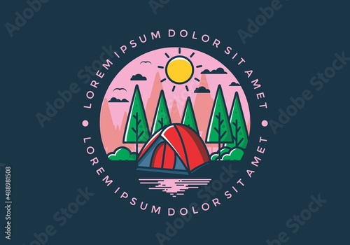 Fun camping with dome tent flat illustration