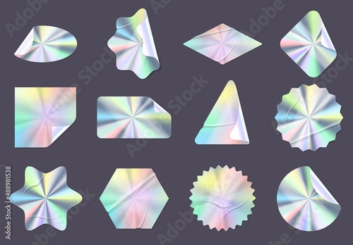 Wrinkled holographic stickers, rainbow hologram foil labels. Shiny iridescent tags with curved edges, guarantee seal emblem vector set. Illustration of realistic holograph patch