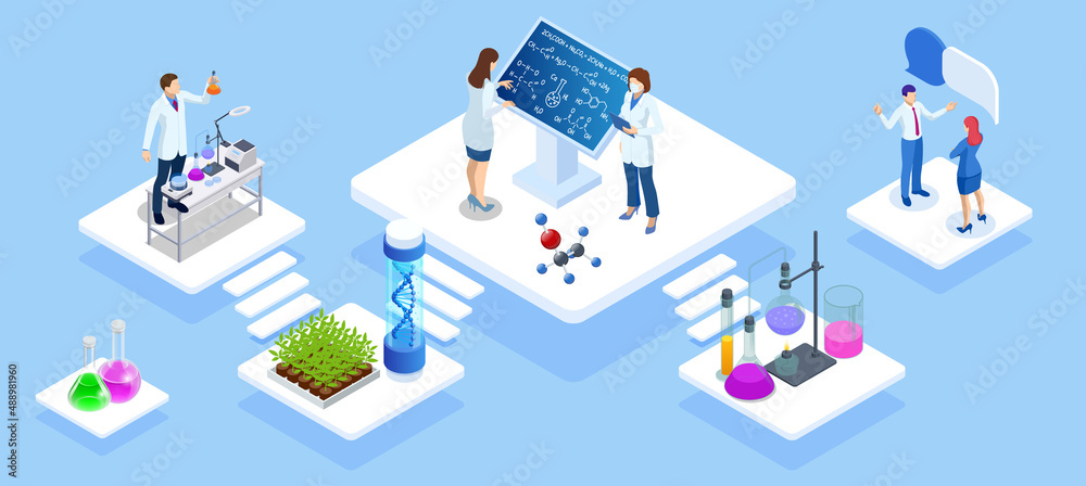 Fototapeta premium Isometric Chemical Laboratory concept. Molecular Biology Technics Laboratory. In a laboratory scientific or technological research, experiments, and measurement may be performed.