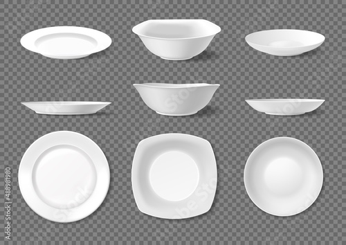 Realistic ceramic plates  empty white dishes top and side view. Porcelain plate and bowl  kitchen crockery  ceramic dinnerware vector set. Illustration of empty porcelain clean