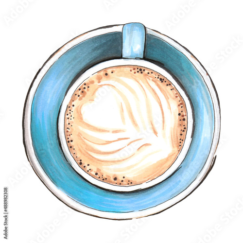 Hand drawn watercolor illustration. Coffee cup in cafe. Cappuccino or latte.