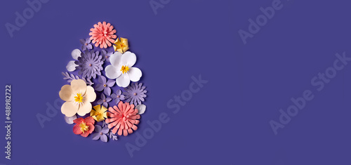 Wallpaper Mural Floral Easter background with egg shape design. Paper art and handcraft. Trendy very peri color. Flower pattern. Long banner with copy space Torontodigital.ca