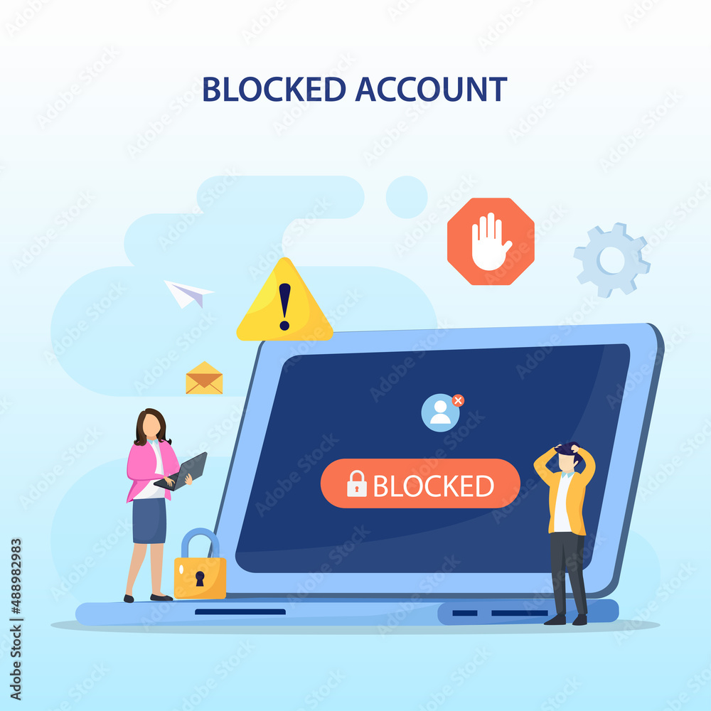 People are very surprised and feeling anxious about blocked user account. Experts help user to unblock account. Flat vector template Style Suitable for Web Landing Page.