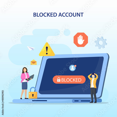 People are very surprised and feeling anxious about blocked user account. Experts help user to unblock account. Flat vector template Style Suitable for Web Landing Page.