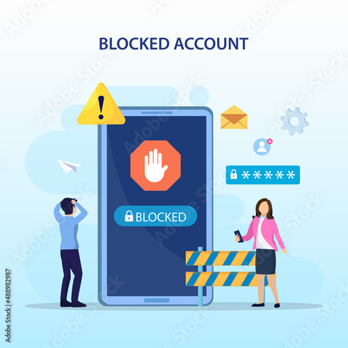 People are very surprised and feeling anxious about blocked user account. Experts help user to unblock account. Flat vector template Style Suitable for Web Landing Page.