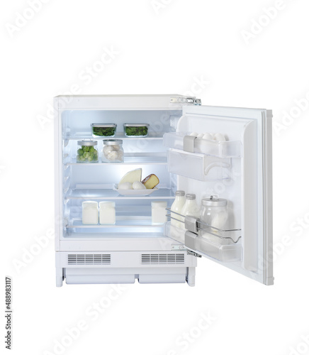 open door mini fridge and food