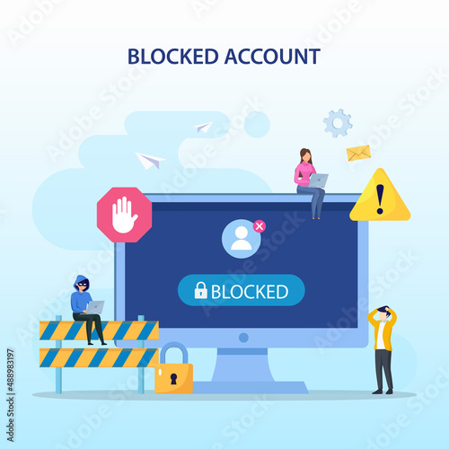 People are very surprised and feeling anxious about blocked user account. Experts help user to unblock account. Flat vector template Style Suitable for Web Landing Page.