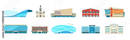 Flat city municipal building, police station, bank, hospital. Modern urban architecture, town hall, school, airport, stadium vector set. Bank and hospital, municipal government illustration
