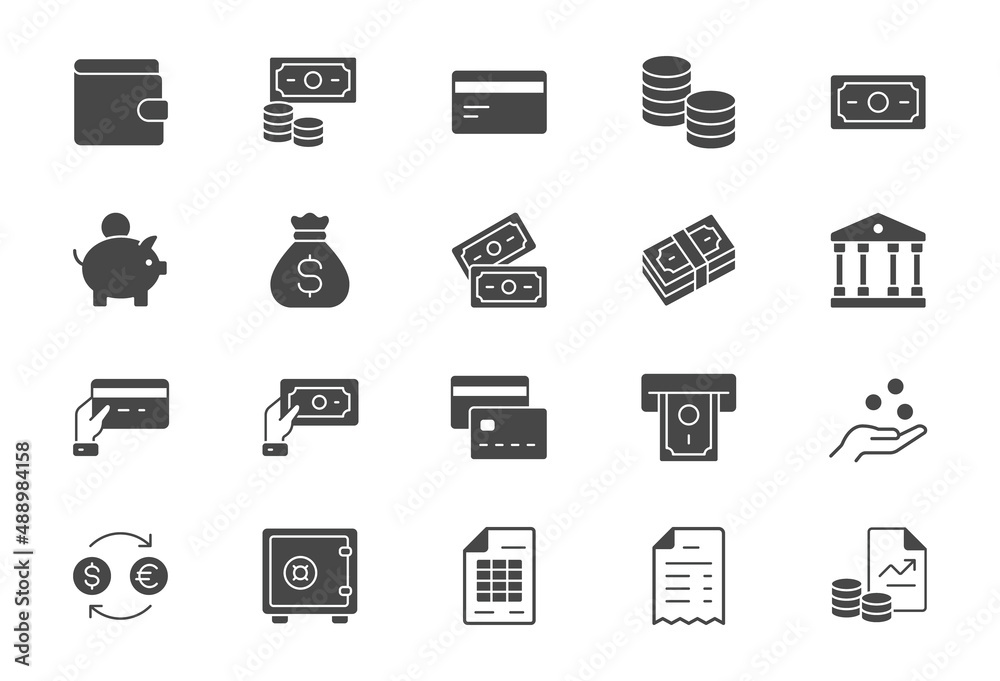Money flat icons. Vector illustration include icon - currency exchange, payment, withdraw, wallet, credit card, invoice, receipt glyph silhouette pictogram for banking Money flat icons. Vector illustration include icon - currency exchange, payment, withdraw, wallet, credit card, invoice, receipt glyph silhouette pictogram for banking