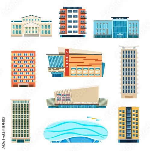 Flat city building, modern apartment buildings, residential houses. Town hall, cinema, police station, urban municipal architecture vector set. Illustration of building apartment city