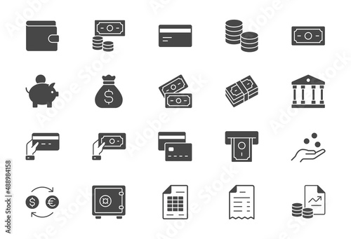 Money flat icons. Vector illustration include icon - currency exchange, payment, withdraw, wallet, credit card, invoice, receipt glyph silhouette pictogram for banking