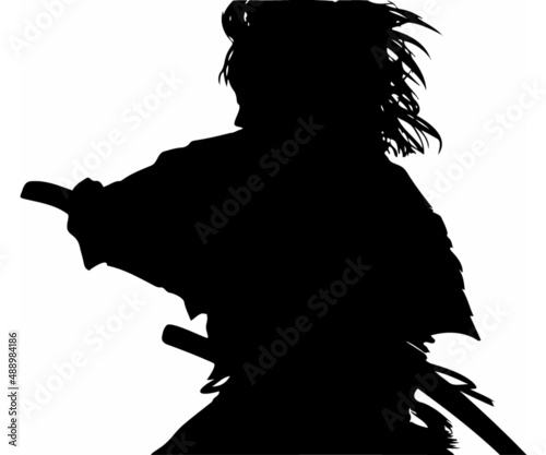 切り絵白黒イラスト若侍殺陣刀を抜く瞬間