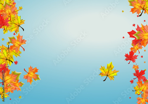Red Foliage Background Blue Vector. Floral October Frame. Green Seasonal Plant. Beautiful Leaves Design.