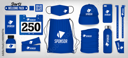Sample welcome package with corporate gifts. Bag pack, bracelet, cap, clothes, drink bottle, energy bar, mask, mobile cover, neck warmer, protein bottle, start number, notebook. Vector, editable color