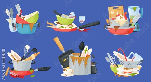 Cartoon piles of dirty dishes, plates and cups with food stains. Stained dinnerware, messy pots and pans, unwashed kitchen utensils vector set. Illustration of dirty pile, cup and plate