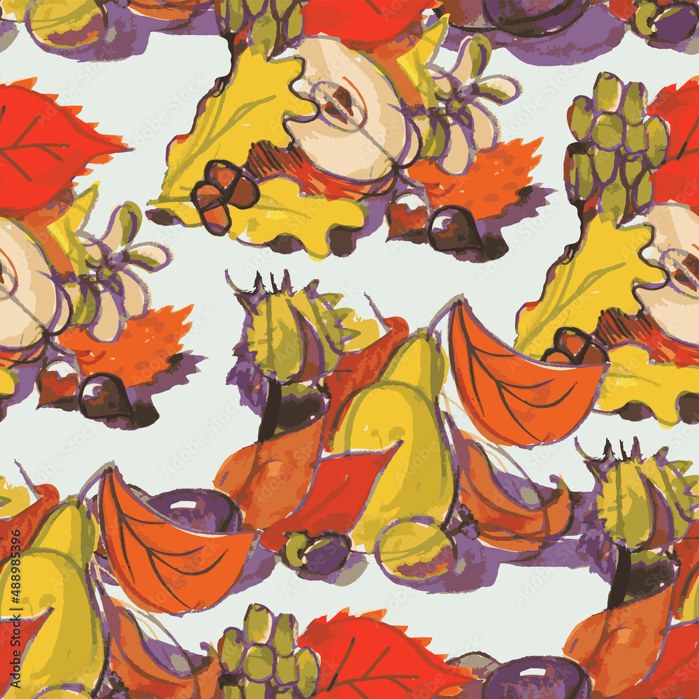 Seamless pattern from watercolor drawings of bunches various abstract ripe fruits and leaves