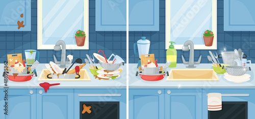Dirty and clean dishes in sink, messy plates and cups. Cartoon unwashed kitchenware, before and after cleaning kitchen vector illustration. Domestic messy kitchen, clean household