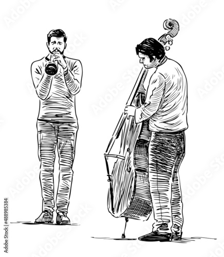 Hand drawing of casual street musicians playing trumpet and cello