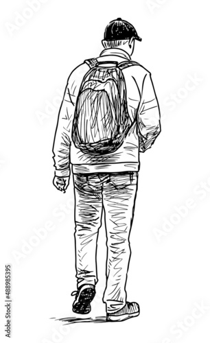 Outline drawing of casual pedestrian with backpack walking outdoors alone