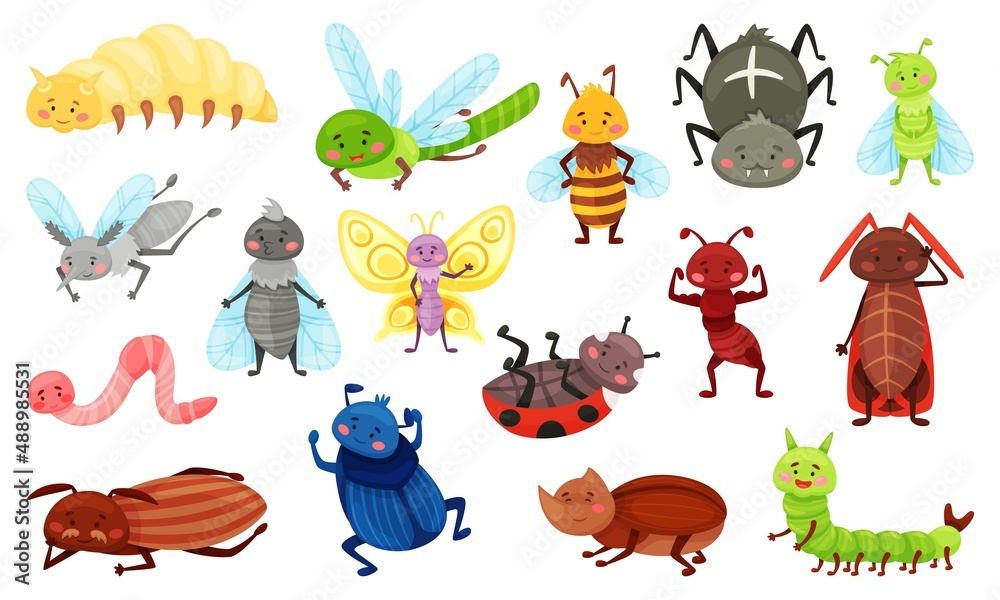 Cute cartoon insects, ladybug, butterfly, bee, beetle, spider. Happy ...