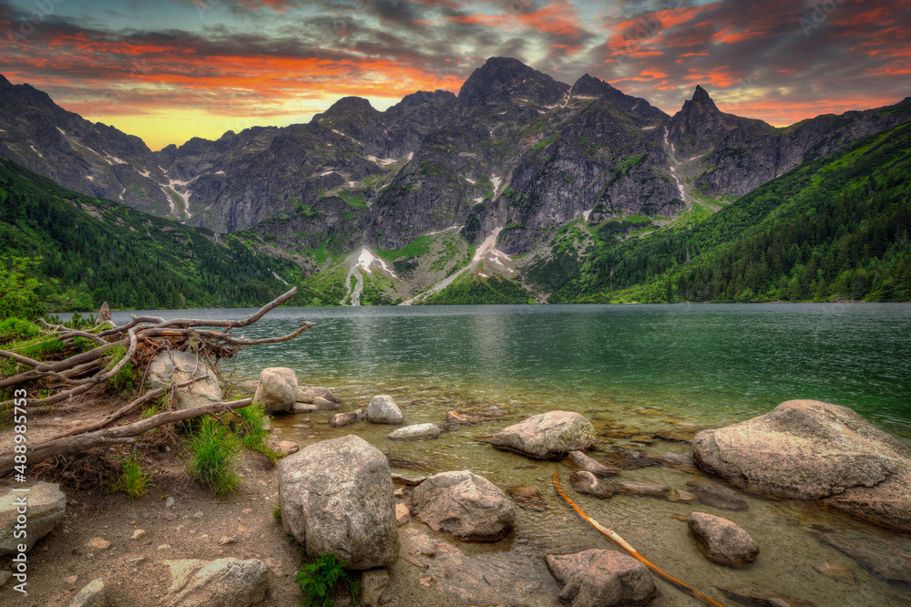 Tatra mountains by the Eye of the Sea lake at sunset, Poland