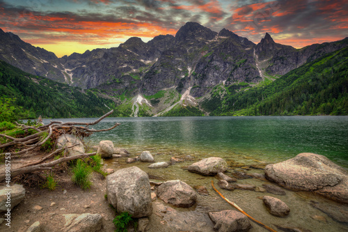Tatra mountains by the Eye of the Sea lake at sunset, Poland
