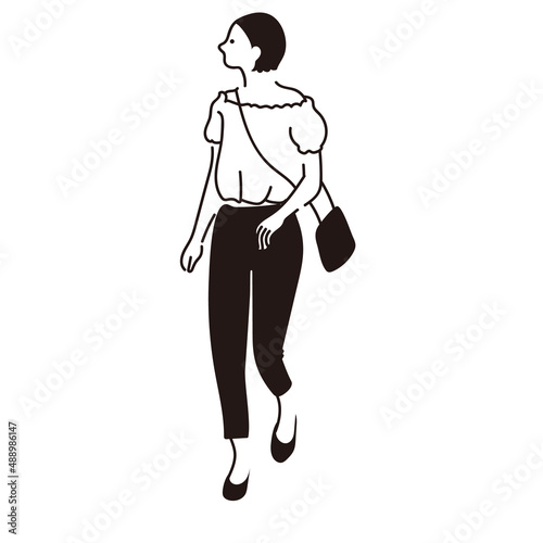 シンプルな線画の歩いている女性