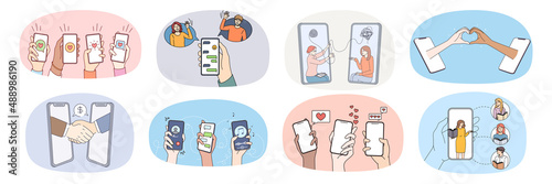 Collection of people hands use new technologies communicate on internet on smartphone gadget. Set of humans hold cellphones enjoy online communication on device. Virtual life. Vector illustration.  photo