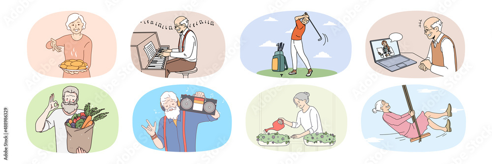 Set of active happy old people have fun relax enjoy maturity years. Collection of smiling energetic senior men and women rest on retirement. Elderly hobby and relaxation. Vector illustration. 