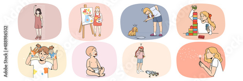 Collection of girls children enjoy free leisure time drawing or playing with dog. Set of happy kid have fun painting or construct with building blocks. Hobby and game activity. Vector illustration. 