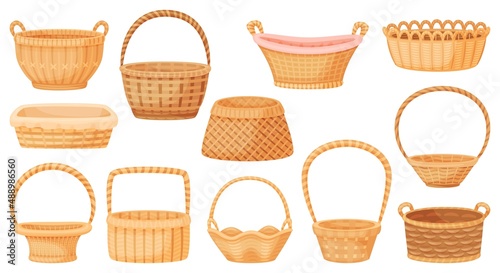 Cartoon wicker baskets, picnic basket, empty gift hamper. Handmade rattan or bamboo woven storage container, rural interior decor vector set. Illustration of empty picnic basket isolated