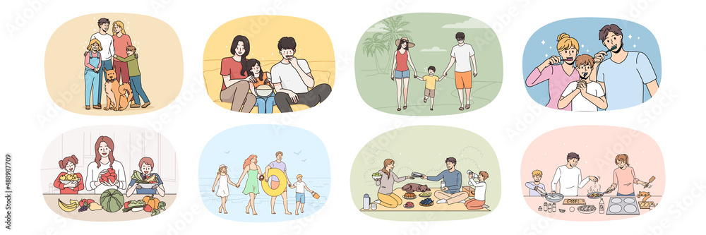 Set of happy parents with small children have fun enjoy spending time together. Collection of loving smiling family with kids daily life. Vacation and holidays. Relative unity. Vector illustration. 