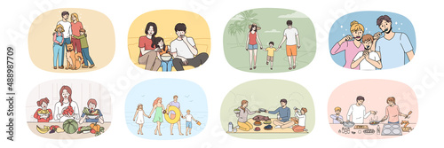 Set of happy parents with small children have fun enjoy spending time together. Collection of loving smiling family with kids daily life. Vacation and holidays. Relative unity. Vector illustration. 