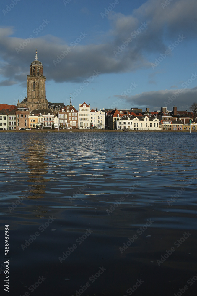 A view on the city of Deventer, the Netherlands, at the river IJssel with a high water level
