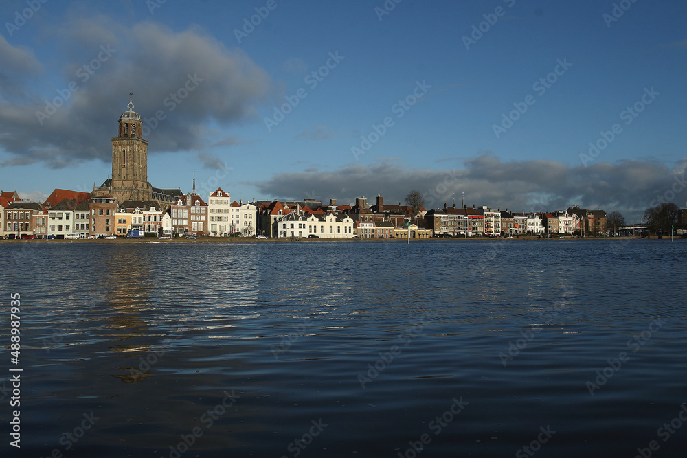 A view on the city of Deventer, the Netherlands, at the river IJssel with a high water level
