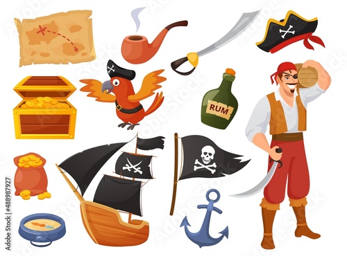 Cartoon pirate character with parrot and ship, treasure map. Sea adventures, boat, anchor, chest with gold, pirates elements vector set. Illustration of pirate character and parrot