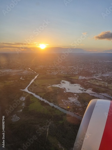 The photos from the airplane in Brisbane Australia during the golden hour