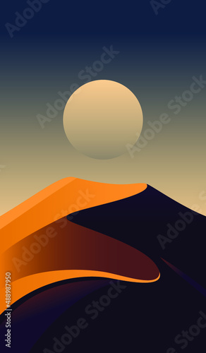 Abstract vector with desert dunes and Moon, desert night