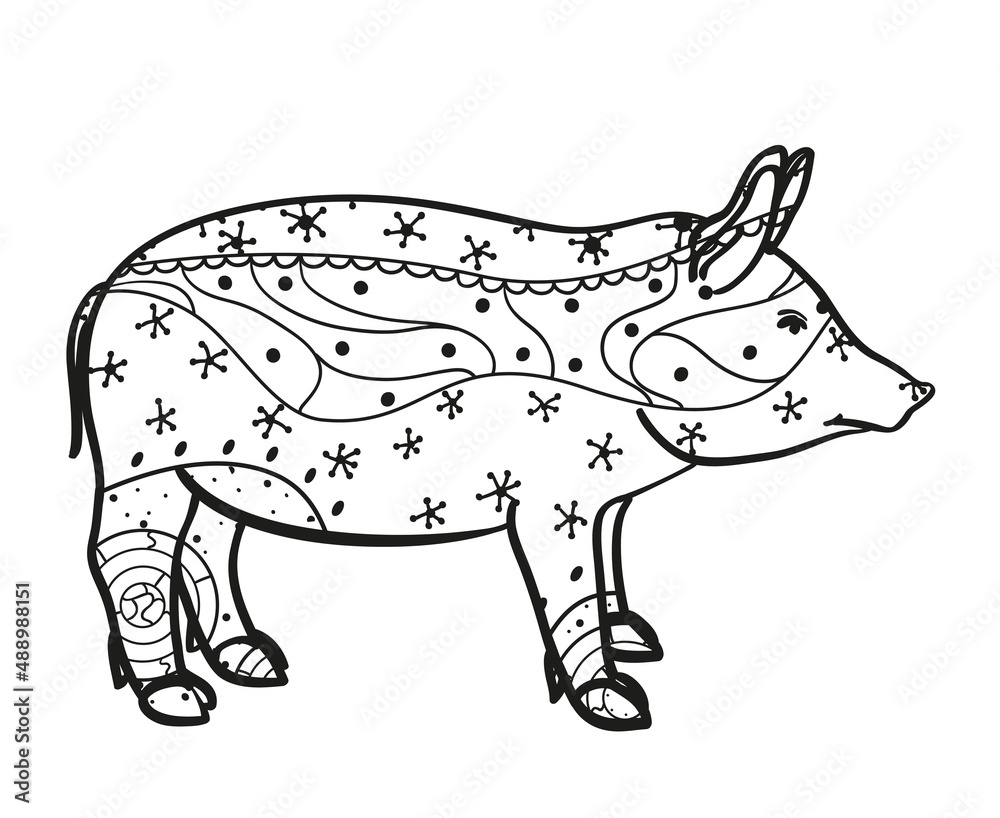 Obraz premium Pig on white. Zen art. Zentangle. Hand drawn animal with intricate patterns on isolated background. Design for spiritual relaxation for adults. Black and white illustration for coloring