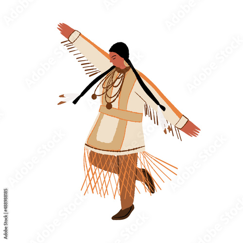 Native American girl, Indian American woman dancing in ethnic costume, perform ritual Tribal dance of indigenous people photo