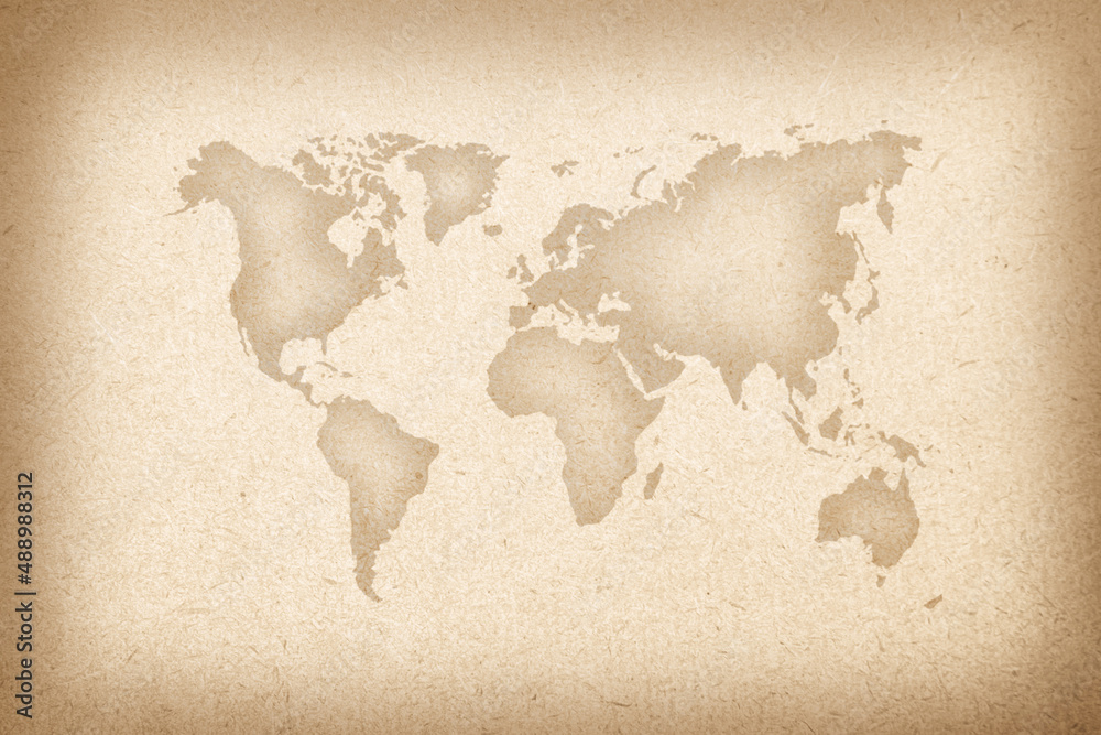 World map on an old paper texture background with space for text.
