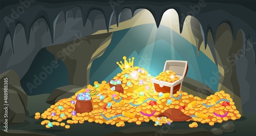 Cartoon treasure cave with piles of coins, gold bars, gems and jewels. Hidden ancient mine with pirate treasures and jewelry vector illustration. Pile gold treasure cartoon