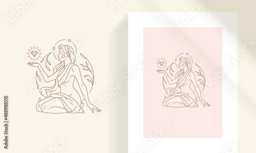 Fotografiet Beautiful bohemian female with floral decor and gemstone line art style vector i