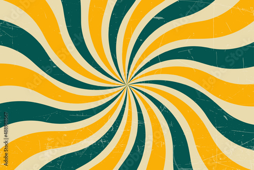 Grunge retro spiral background. Abstract twisted vintage background with color rays. Green and yellow stripes background.
